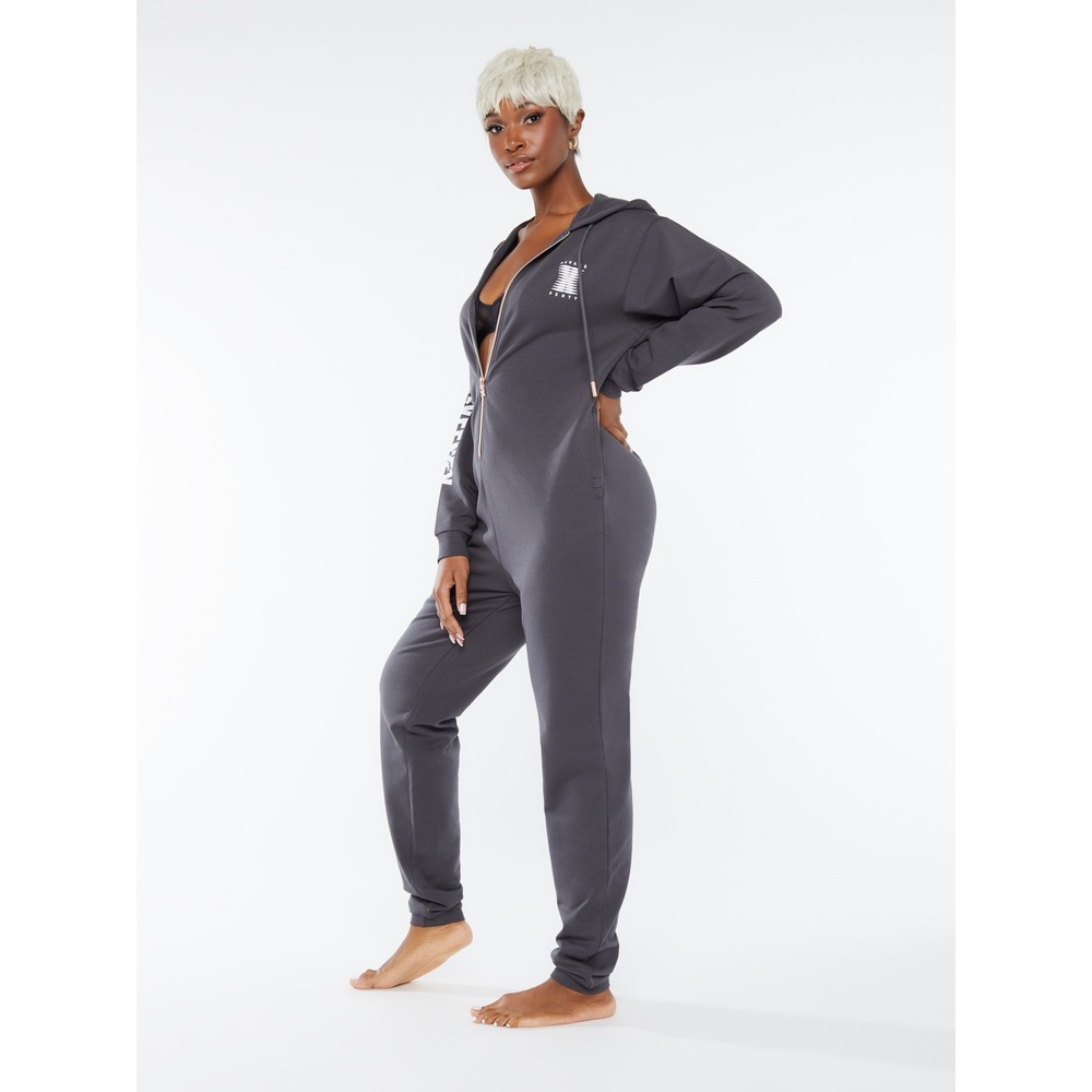 Savage X Fenty Jumpsuit Womens 2X Gray Fleece Hooded Zip Front Logo Lounge